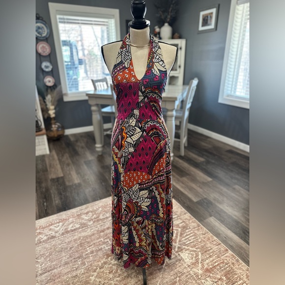 Maeve Cynthia Halter Maxi Dress XS Multicolor Geometric Jersey Anthropologie - Picture 3 of 8